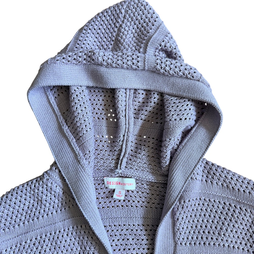Design History Lavender Purple Pointelle Knit Open Front Hooded Cardigan Small - Picture 2 of 7